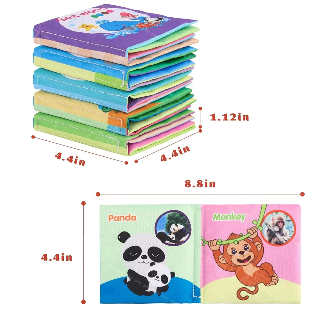 ชุดหนังสือผ้าเด็กแบบล้างทำความสะอาดได้ - ของเล่นประสาทสัมผัสแบบย่นปลอดสาร BPA พร้อมแหวนกัดและหน้าหลายพื้นผิวสำหรับทารก 0-12M