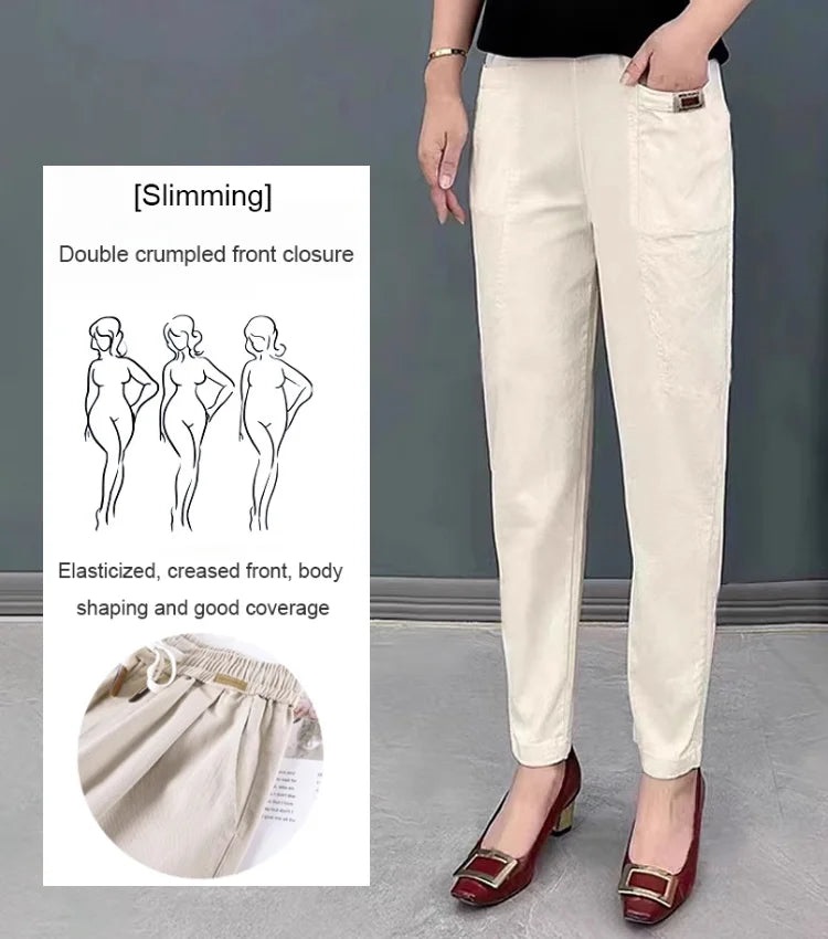 Damen-Baumwollhose mit elastischem Bund, knitterfrei, entspannte Passform, gerade Beinhose, lässige, locker sitzende Hose