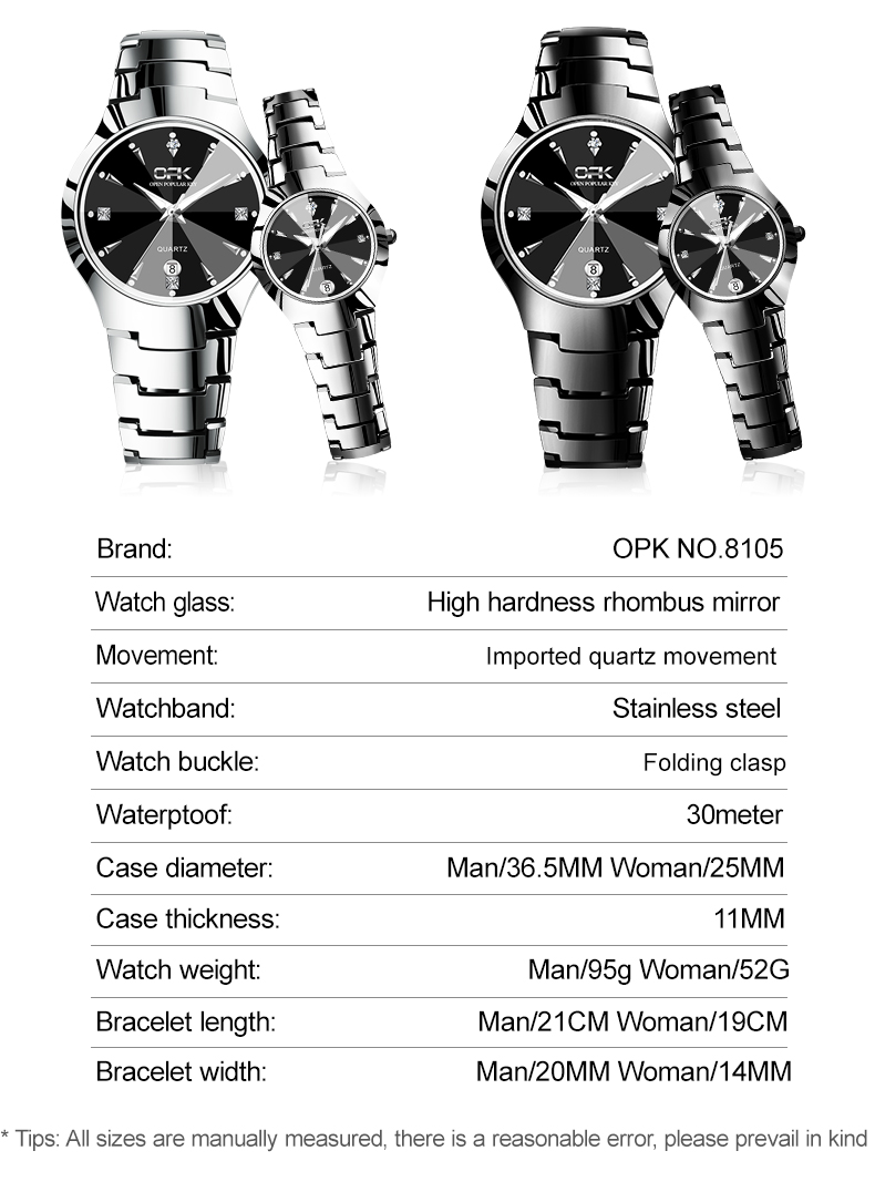 OPK-reloj de cuarzo para pareja, cronógrafo de acero inoxidable, resistente al agua, a juego, romántico, de lujo, nuevo