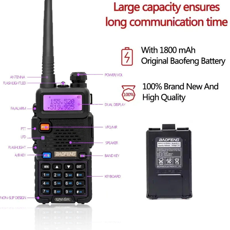 1PC/2PCS Baofeng UV-5R USB Long Range Ham Amateur With FM Radio Long Range Portable Two Way Radio Baofeng CB Radio Walkie Tal