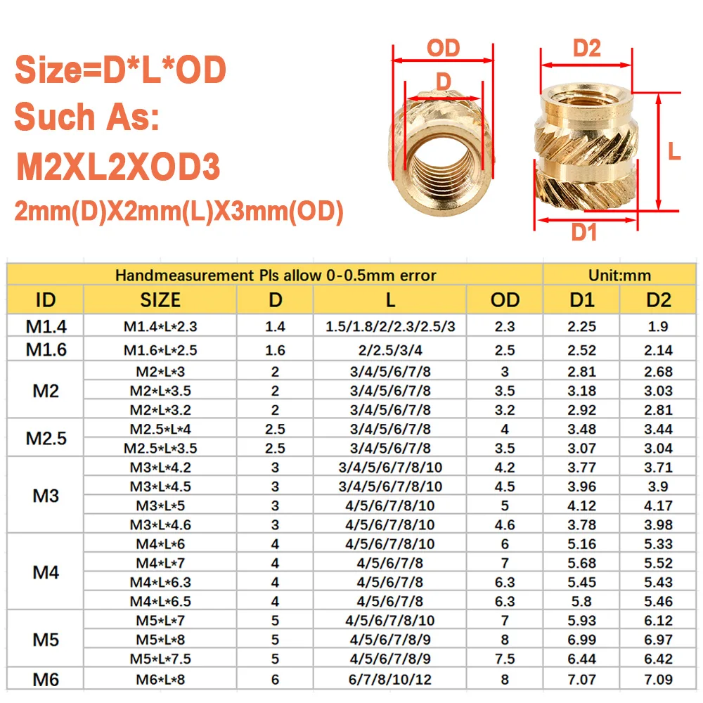 100-300Pcs M2 M2.5 M3 M4 M5 M6 M8 Heat Set Threaded Insert Brass Nut Hot Melt Knurled Inserts Double Twill Embedment Copper Nuts