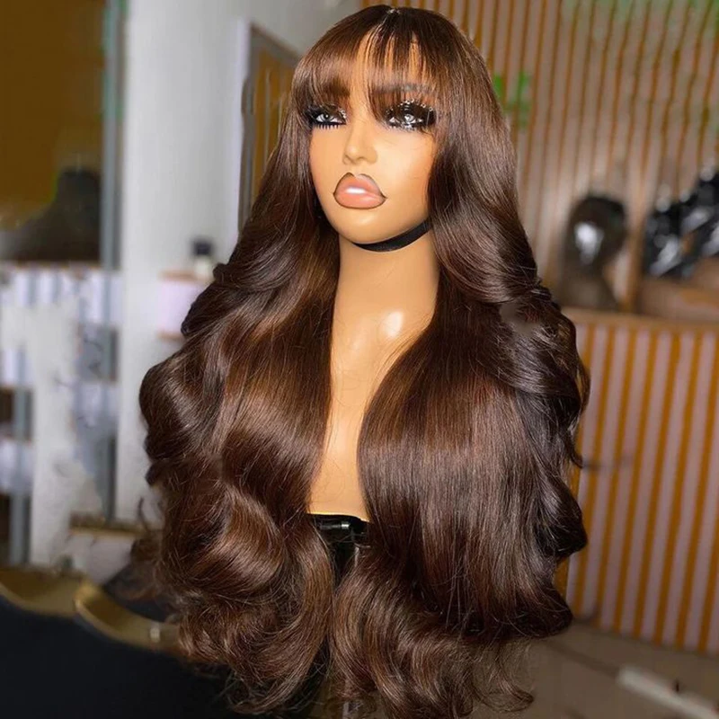 Chocolate marrom 13x6 hd laço frontal peruca de cabelo humano com franja onda do corpo peruca dianteira do laço colorido 4 #   Perucas baratas com estrondo