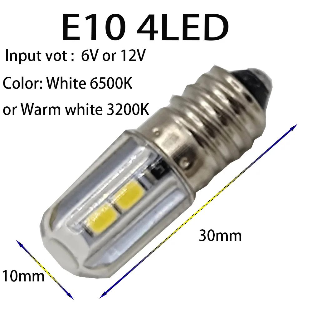 E10 4SMD DC 3V 6V 12V E10 bombilla LED para linterna reemplazo antorcha luz de trabajo lámpara de instrumento blanco y blanco cálido