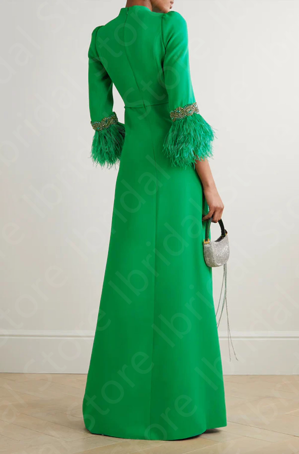 Maßgeschneiderte grüne Vintage-Abendkleider, arabisch, 2025, Ballkleider, Federn, 3/4-Ärmel, Hochzeitsgastkleider, Stehkragen, Perlen