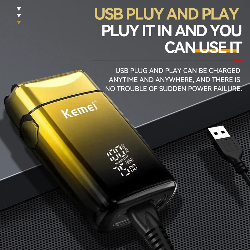 Kemei TX10 เครื่องโกนหนวดไฟฟ้าใหม่พร้อมจอแสดงผล LED ผมชาร์จเครามีดโกนหัวล้านโกนสําหรับชาย