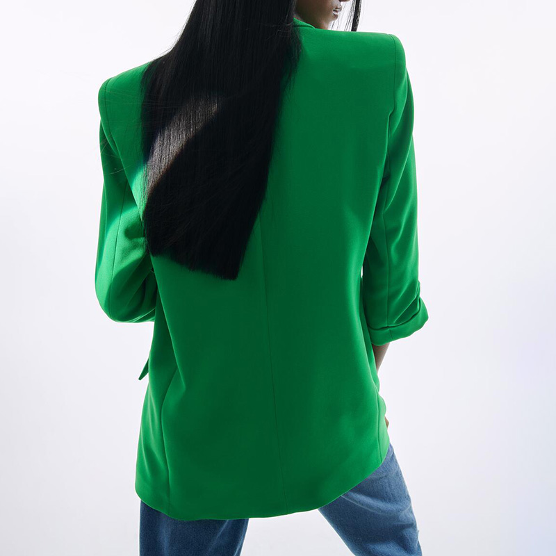 Blazer Berlekuk Longgar Kasual Mode Wanita Jaket Lengan Dapat Digulung Hijau Elegan Setelan Lurus Saku Musim Semi Wanita