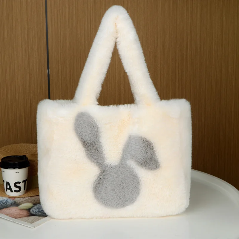 Soft Cute Plush Bag Autumn Winter Large Capacity Rabbit Print Hand-held Shoulder Bag Tote Plush Bag Women's Square Bag 2025