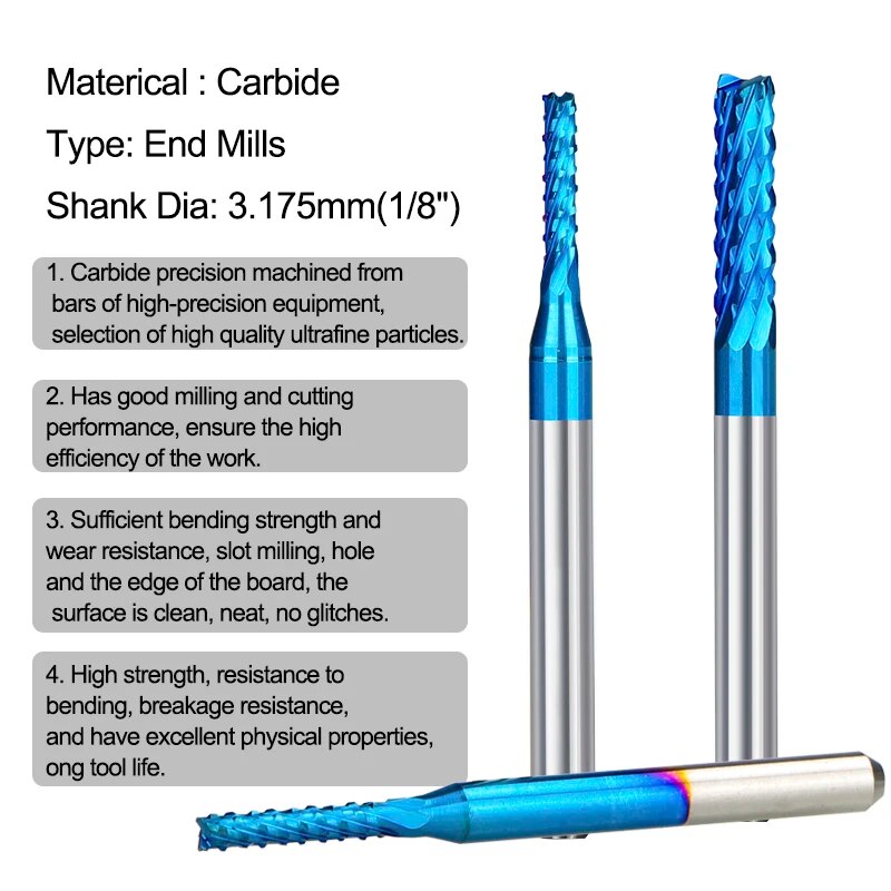 XCAN Fresa in metallo duro 10 pezzi 3.175 Gambo con rivestimento blu Punte per router CNC Incisione Taglierina per bordi Fresa 0.8-3.175mm