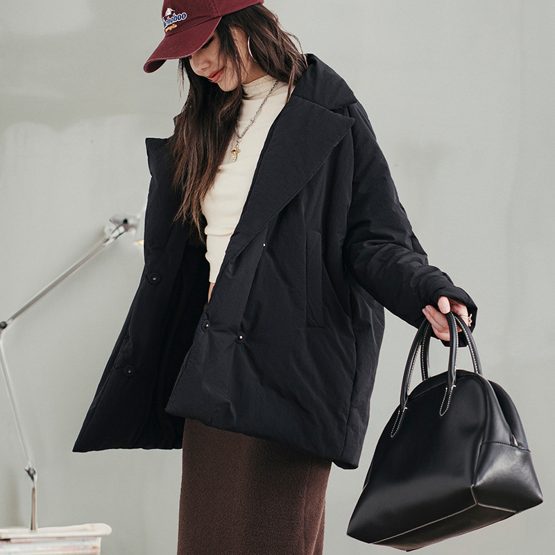 Maden Abrigo acolchado de algodón con cuello informal para mujer, chaqueta acolchada cálida y holgada para ir al trabajo, ropa de abrigo negra versátil para invierno