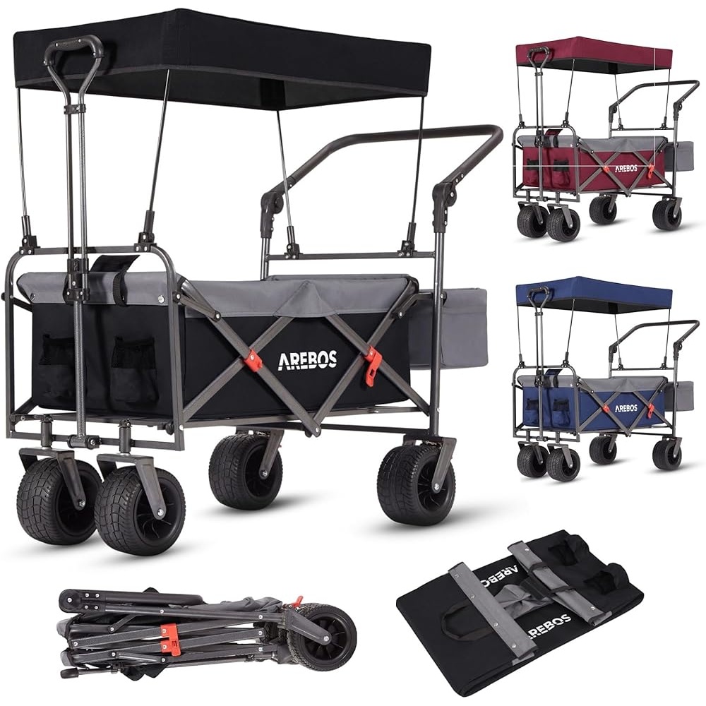 Faltbarer Bollerwagen mit Dach Luxus Handwagen XXL Tasche 100kg Transportwagen 360 °   rotierbare Räder abnehmbar für Camping und