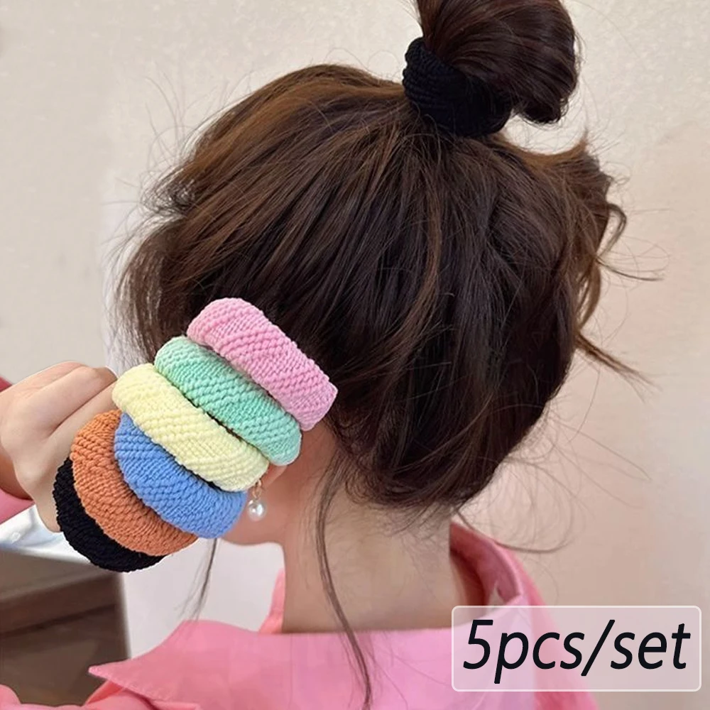 5 unids/set de lazos gruesos para el cabello de colores mezclados, toalla suave sin costuras, coleteros elásticos para mujeres y niñas, coleteros sin daños, banda de goma