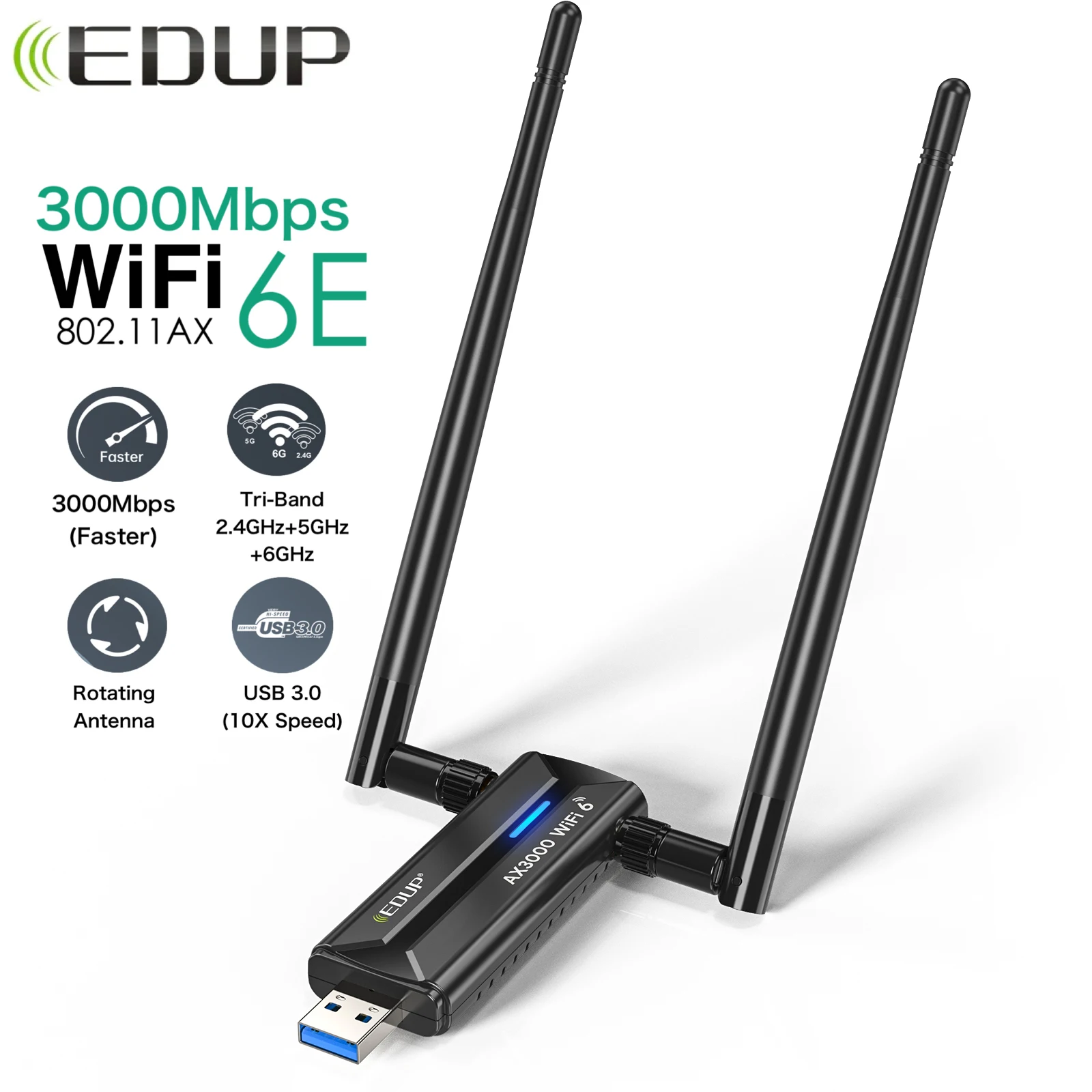 EDUP 3000 Mbit/s WiFi 6E Drahtlose Netzwerkkarte USB 3.0 WiFi-Adapter Tri-Band 2,4/5/6G High Gain Antenne WLAN-Empfänger für Win 11/10