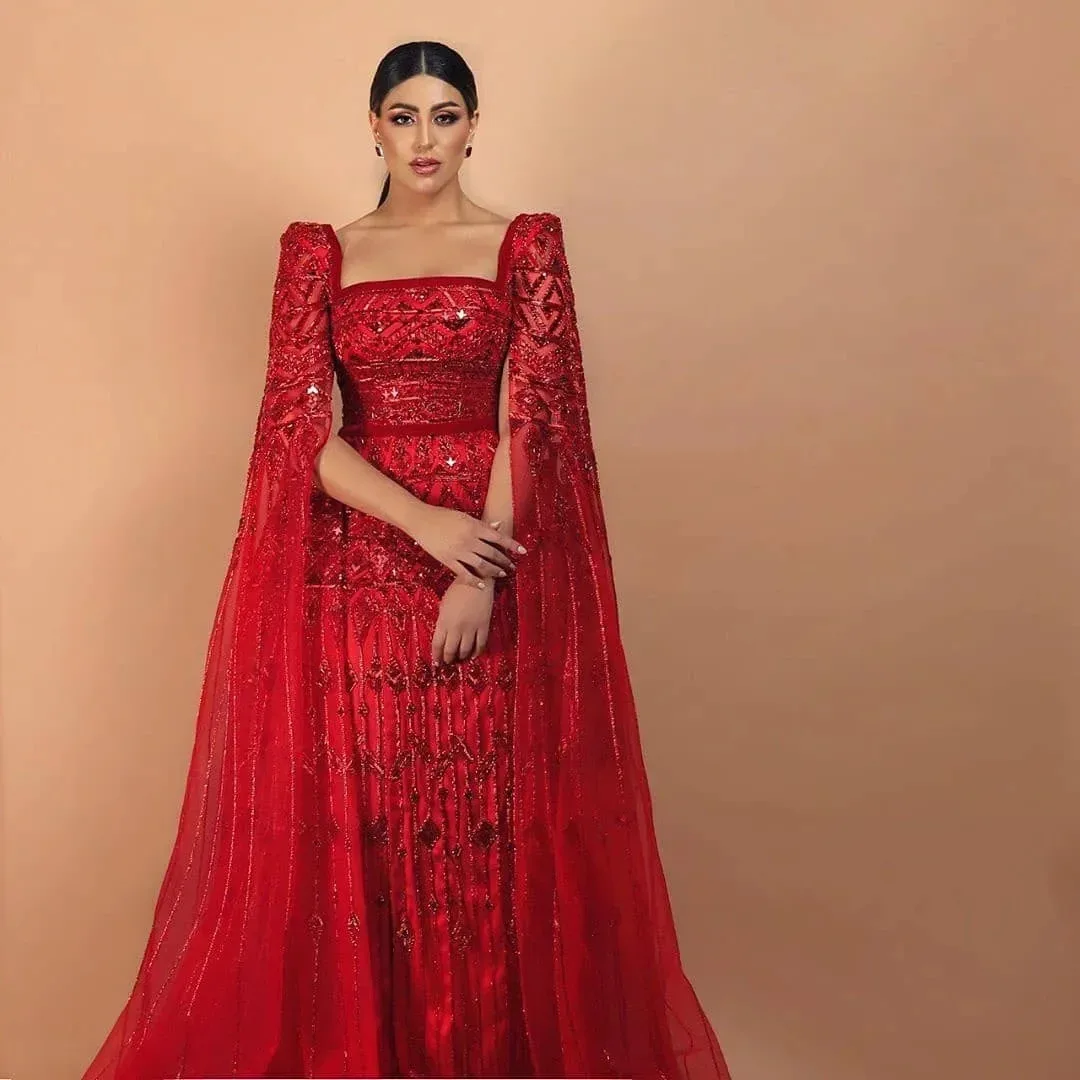Sharon Said Luxury Wine Red Arabic Burgundy Evening Dress with Cape Sleeve 2025 Women Wedding Guest Party Gowns SS461 Customized