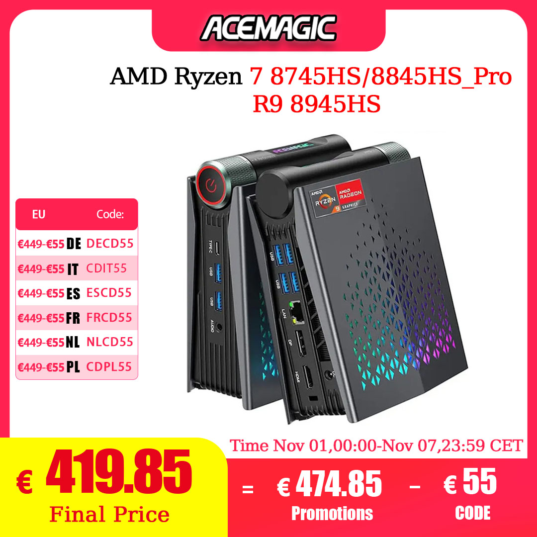 ACEMAGIC S3A Mini PC Gaming AMD R7 8745HS/8845HS R9 8945HS RAM 32GB DDR5 1TB SSD Gamer Computer RGB Lichtregeling WiFi6 BT5.2