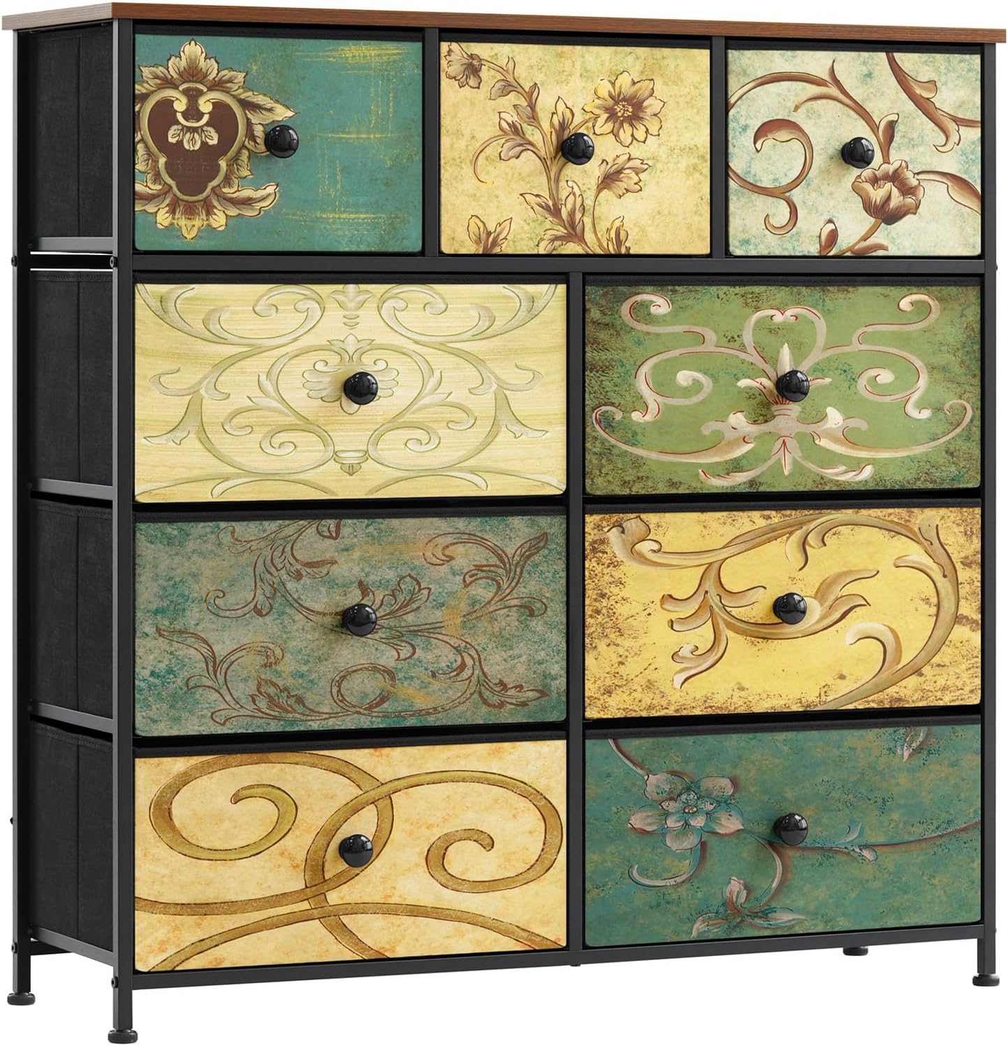 Cómoda con 9 cajones de Tela, Cómoda de Dormitorio, Mueble de Almacenamiento, Muebles de Dormitorio, cómoda de 9 cajon