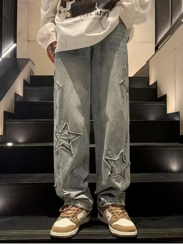 Pantalones vaqueros rectos informales con bordado de estrellas para hombre, estilo gótico neutro, pierna ancha, ropa informal estilo Hip-hop, pantalones vaqueros Y2K para hombre
