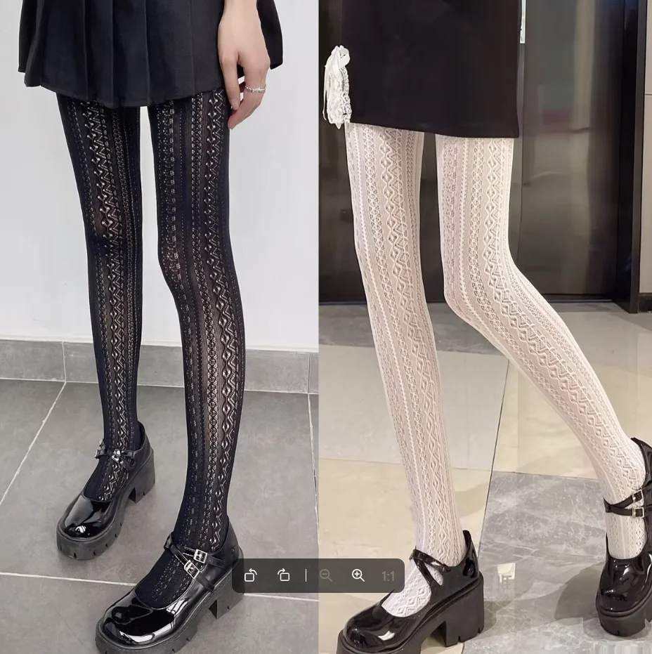 1 Pair Black White Lolita Vintage Hollow Out Pantyhose Sculpted Mesh Women Stockings