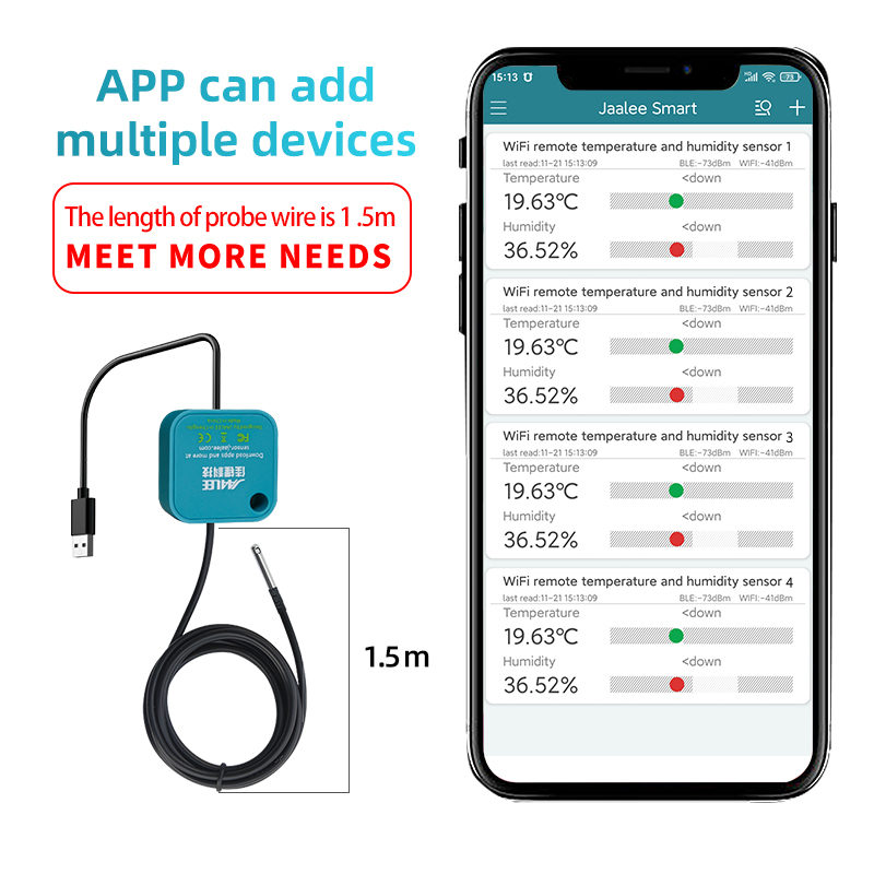jaalee JHT-UP WiFi Temperatura/Umedidad/Punto de rocío/VPD Termómetro/Higrómetro Frigorífico Congelador ±0.2 ℃   ±2% Alertas de alarma