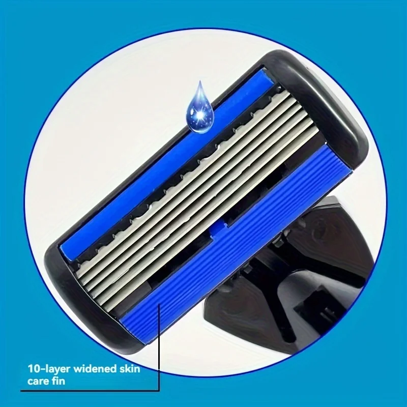 Men's 6-Blade Manual Razor with Non-Slip Handle and Multiple Replacement Blades - Ideal for Trimming Beards and Mustaches