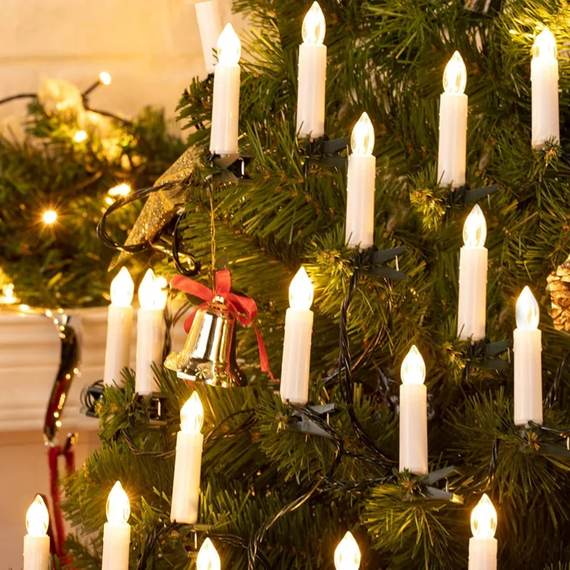 Velas flotantes navideñas LED sin llama con clips, velas cónicas alimentadas por batería, cadena de luces decorativas LED para árbol de Navidad