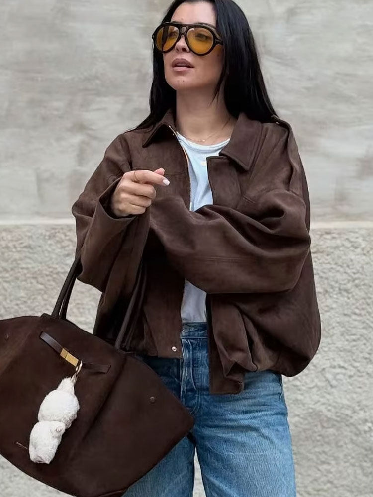 HH-abrigos holgados lisos con textura de gamuza para mujer, moda urbana, informales, mangas largas de murciélago, solapa, cremallera, chaquetas Vintage de invierno