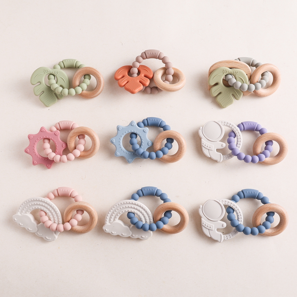 Couronne de dentition en bois et feuilles pour bébé, accessoires en silicone, jouets pour nouveau-né de 6 à 12 mois, sans BPA, cadeaux pour tout-petits