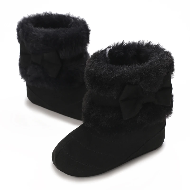 Zapatos de bebé de 0 a 18M, botas de nieve cómodas de felpa para invierno, bonitos zapatos de algodón con lazo, zapatos antideslizantes de suela blanda para bebé