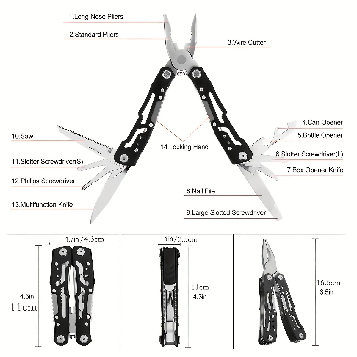 Multiherramienta con bloqueo de seguridad, alicates multiherramienta de acero inoxidable, cuchillo de bolsillo, Abrebotellas especial, destornillador con nailon Sh