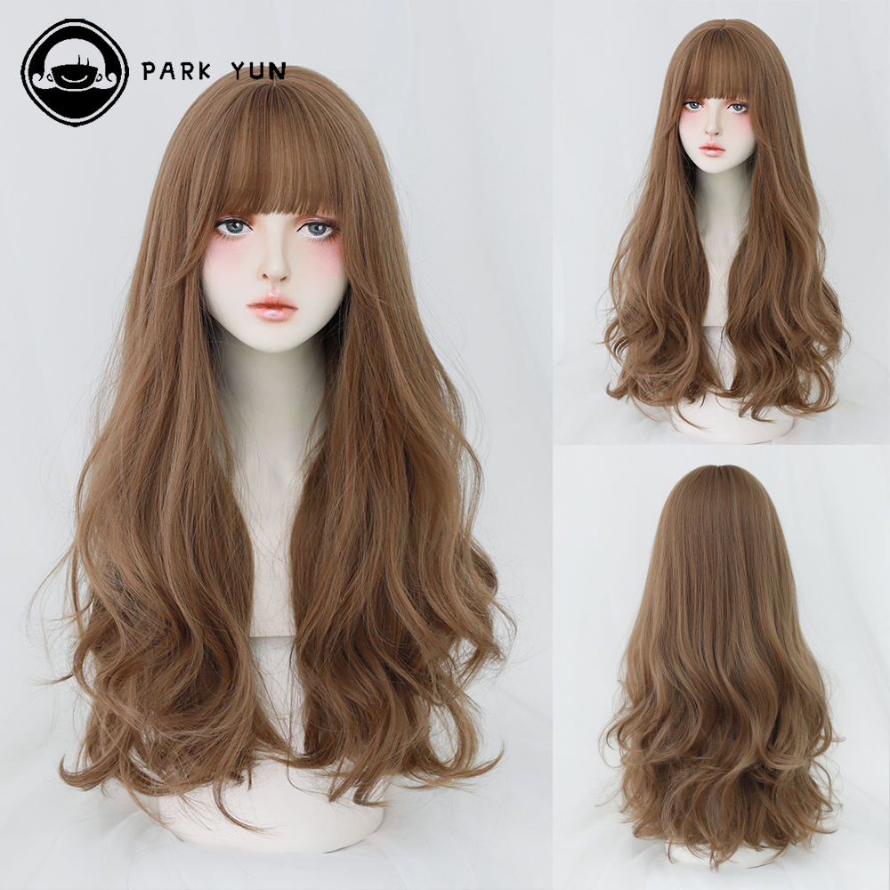 Peluca de pelo largo y rizado para mujer, con flequillo, para uso diario, marrón, negro, rosa, Cosplay de Lolita, pelucas trenzadas, fibra resistente al calor, pelo falso para fiesta