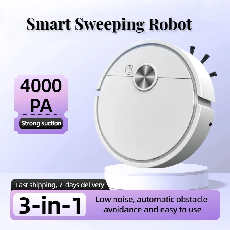 3 in 1 Smart Sweeping Robot 4000 Pa Vacuum Cleaner Strong Suction Easy to Use Suitable for Hard Floors Pet Hair Carpets