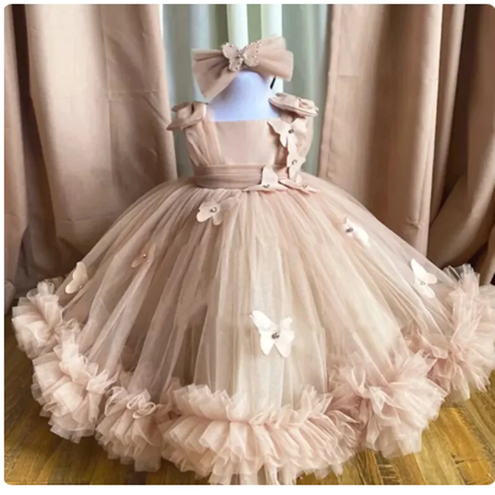 2023 결혼식을위한 귀여운 꽃의 소녀 드레스 푹신한 Tulle 3D 나비 공주 생일 파티 공 가운 첫 성찬식 드레스