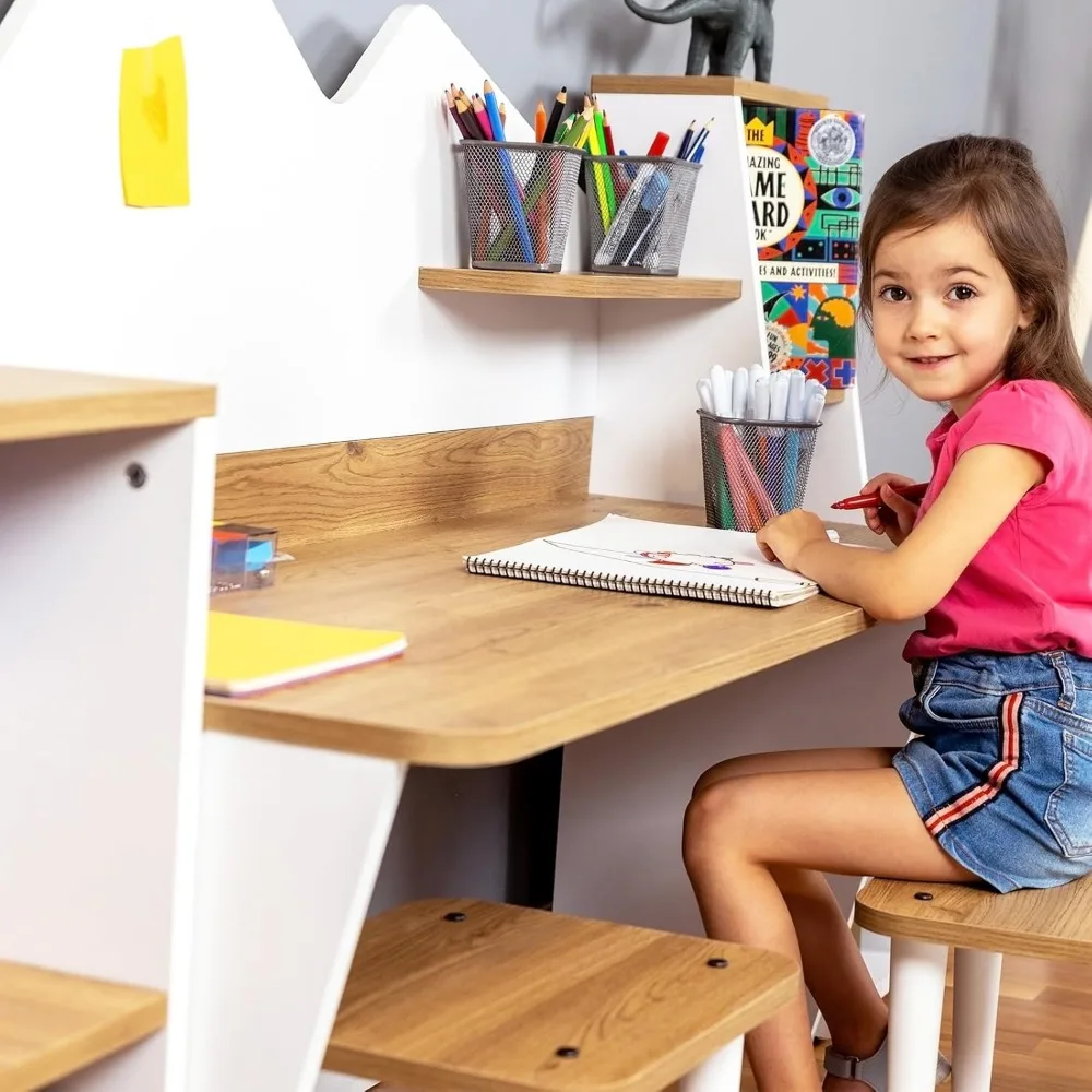 Kid's Study Desk with Bookshelf + 2 Stools, Children Activity Table with Hutch and Shelves, Kids Bedroom Study Desk with Storage