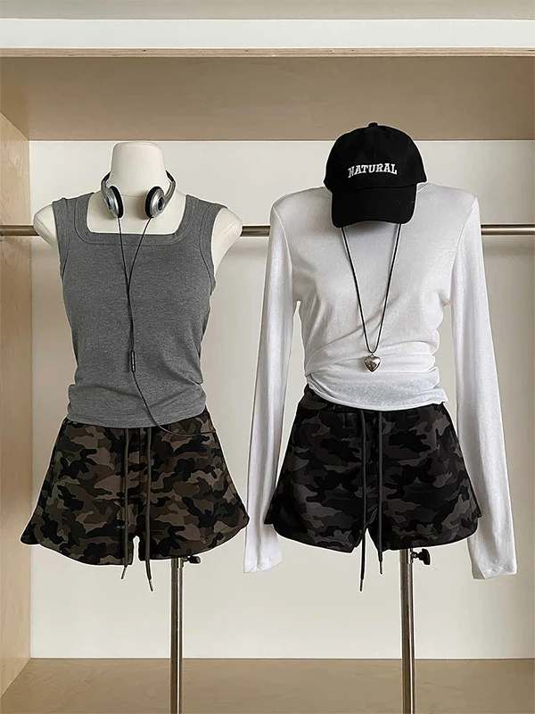 orts Fs Confortáveis de Corduroy com Cintura Elástica, Estilo Camuflado Retro, Moda Casual de Verão