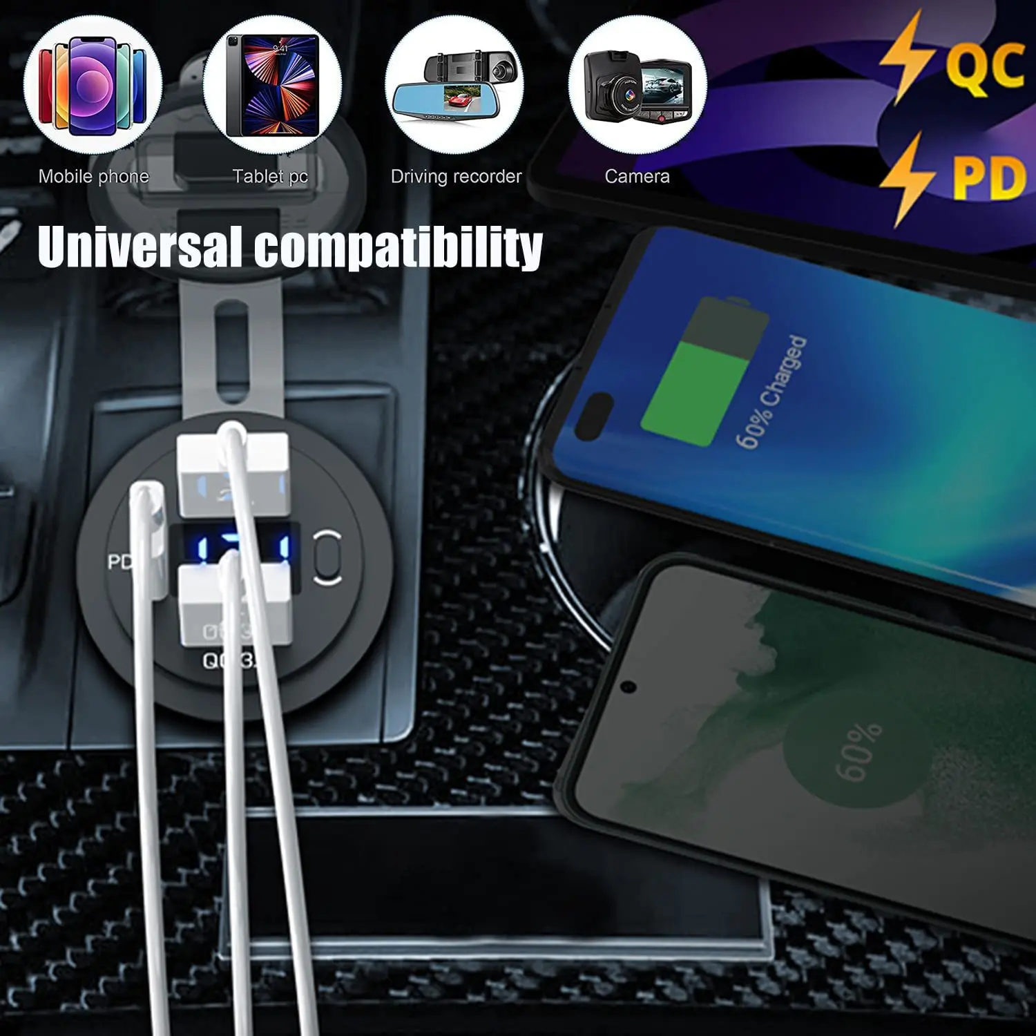 12V USB Adapter Car Fast Charging Charger Socket Dual QC3.0 PD Type C Power Outlet Car Accessories with Switch for Auto RV Truck
