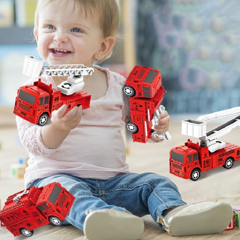 4 Pcs Small Rebound Truck for Children Pull Back Ladder Fire Fighting Toy Car Model Educational Cars