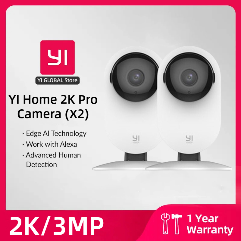 Yi pro-暗視機能付きwifiホームカメラキット,3mp,IPセキュリティ保護,人間と音声の検出,2k,2個