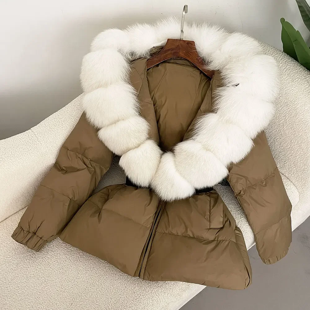 ファッション 2024 冬のジャケットの女性リアルナチュラルキツネの毛皮の襟フード付き厚く暖かい 90% ホワイトダックダウンコート女性ストリートカジュアル