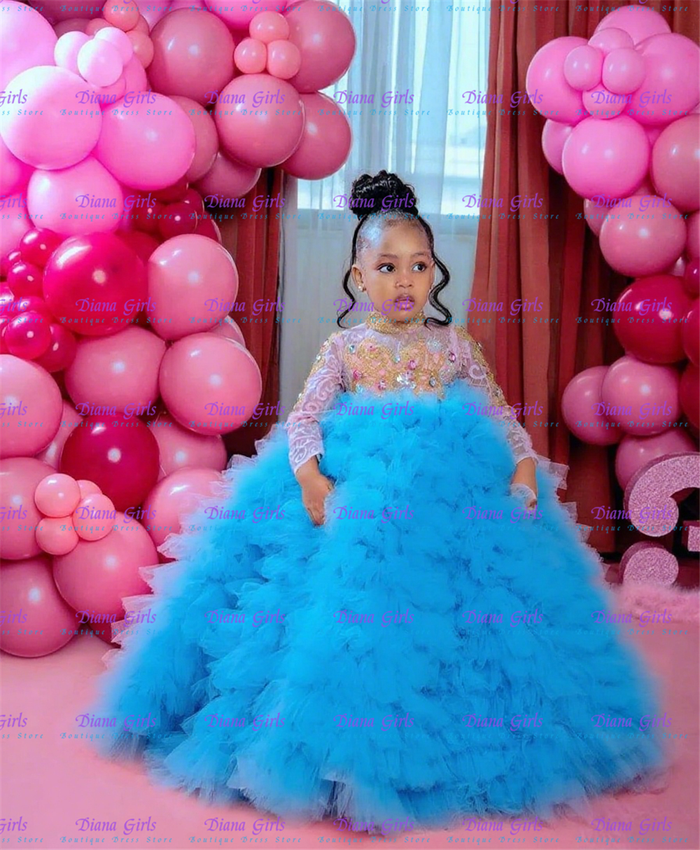 Gelaagde bloemenmeisjesjurk Elegante tule edelsteen pailletten lange mouwen pluizige prinses kinderverjaardagscadeau bal eerste communiejurken