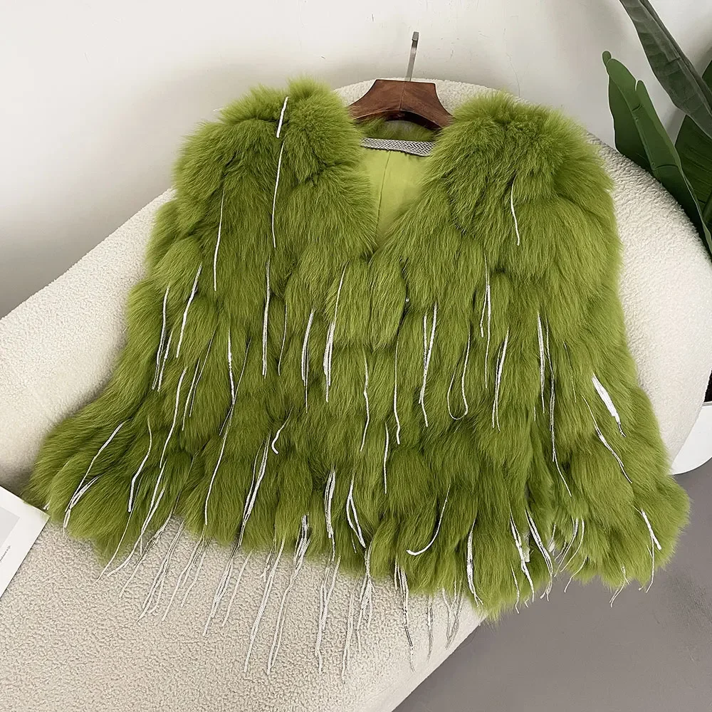 OFTBUY-Casacos Real Fox Fur para Mulheres, Casaco Natural Fox Fur, Casacos Grossos, Moda Quente de Inverno, Borlas Novas, Vendas Quentes