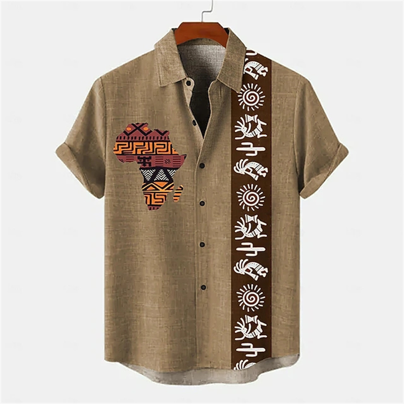 Camisa de hombre con estampado de tótem étnico 3D, camiseta de manga corta de moda de verano 2024, camisa Casual holgada con botones, diseño Simple
