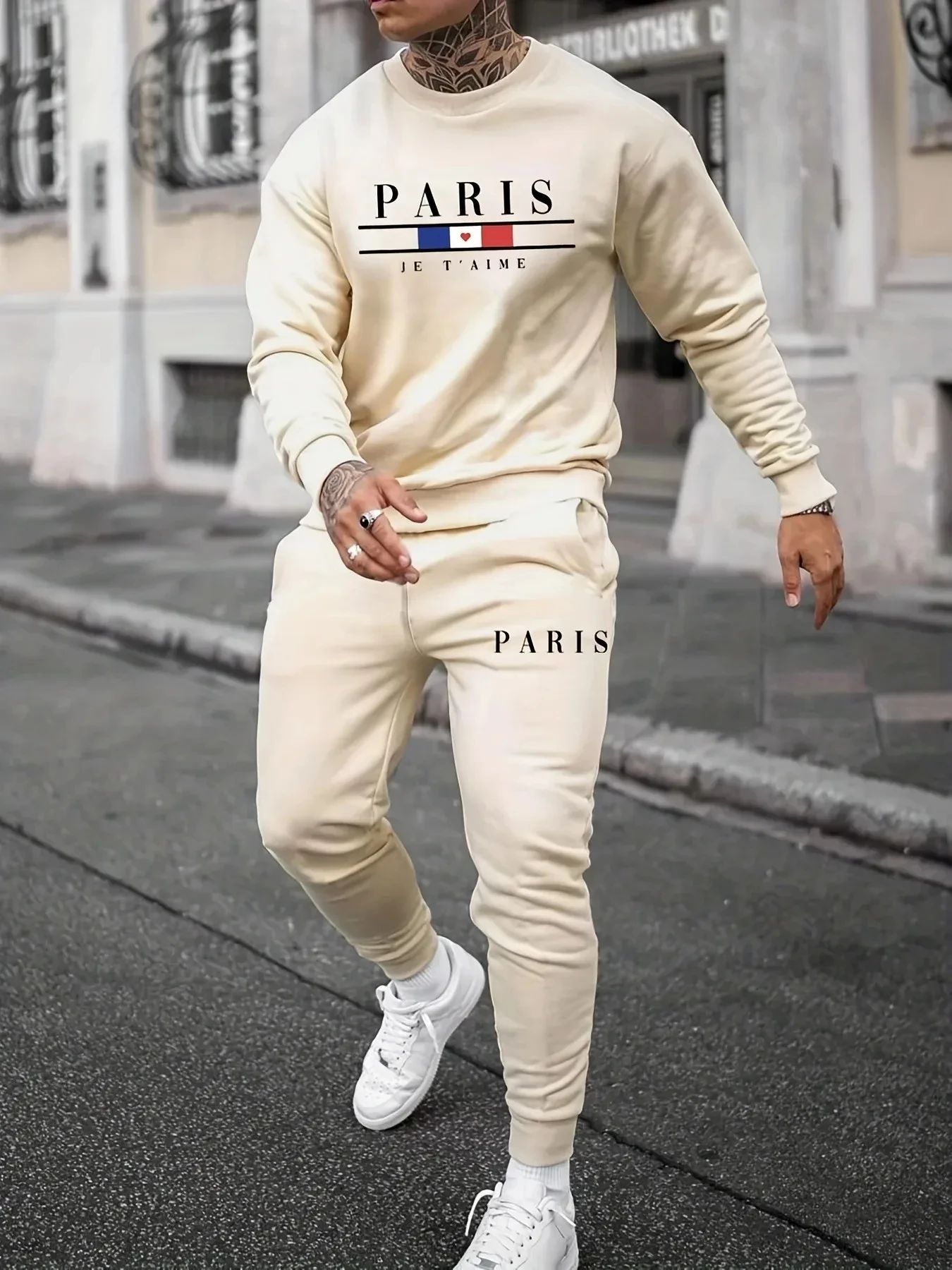 Herrenmode Markenkleidung Sportbekleidung Paris Langarm + Jogginghose 3D-gedruckt Einfaches Design Lässiges Jogging 2-teiliges Set