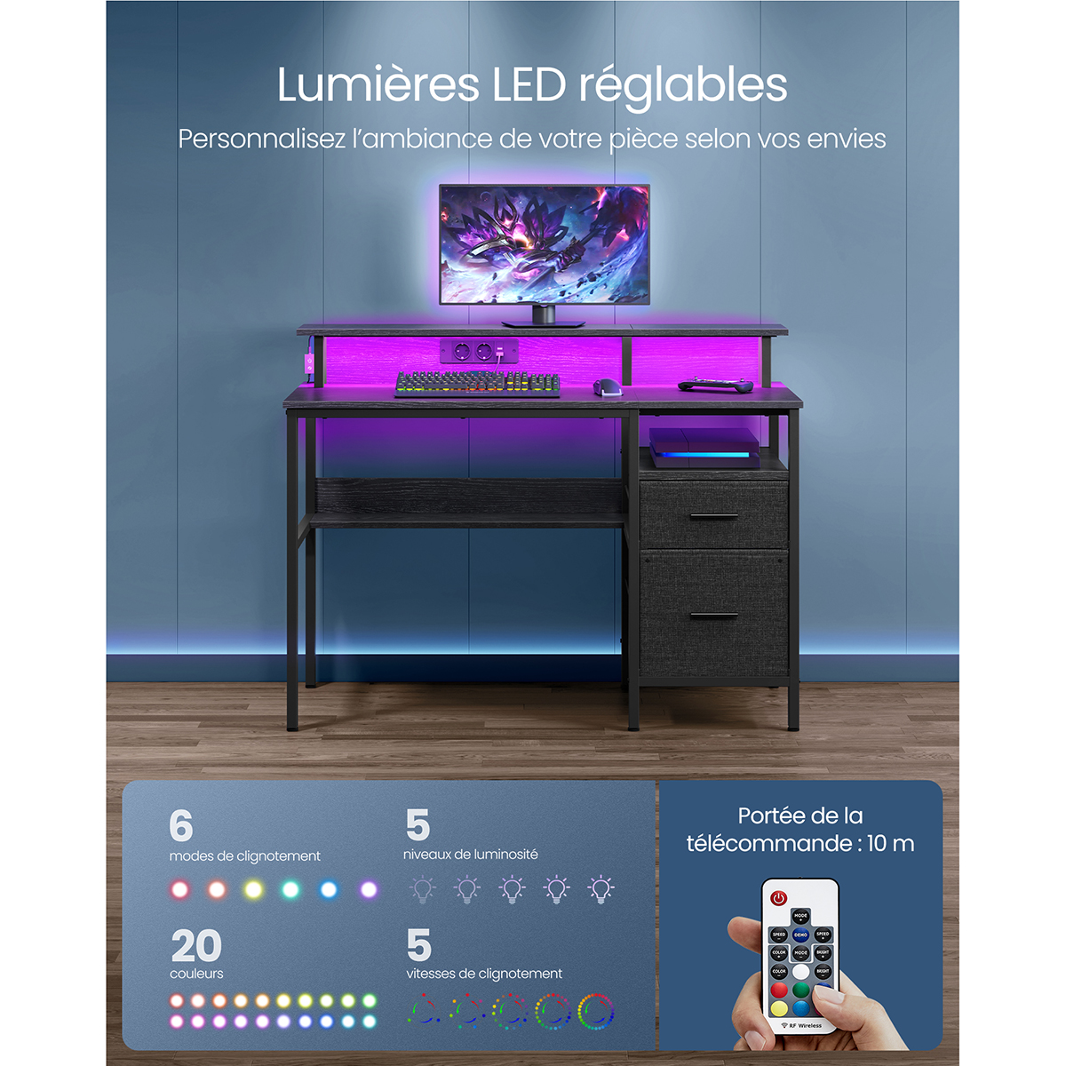 VASAGLE Bureau Gaming avec Lumières LED et Multiprise, Bureau Informatique avec Support d'Écran, Table avec Rangement, 2 Tiroirs en Tissu, 2 Ports USB, pour Bureau