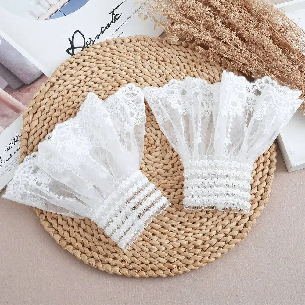 1 par de puños desmontables de malla de flores de encaje mangas acampanadas falsas doble capa plisada acanalada puños falsos suéter blusa calentadores de muñeca