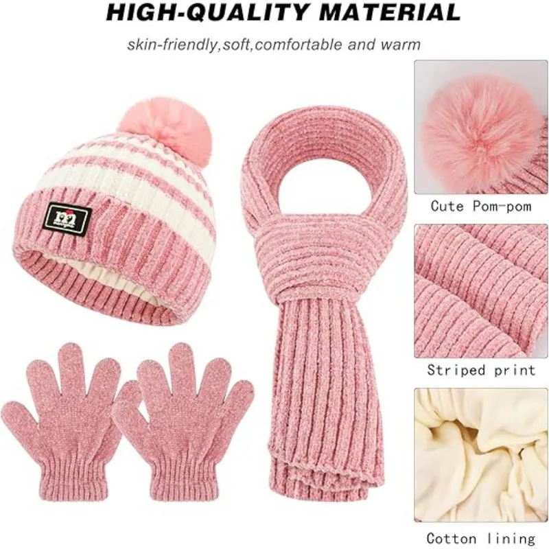 Set guanti sciarpa cappello invernale per bambini, cappello caldo con collo guanti caldi sciarpa cappello adatto per ragazze e ragazzi dai 6 ai 14 anni.