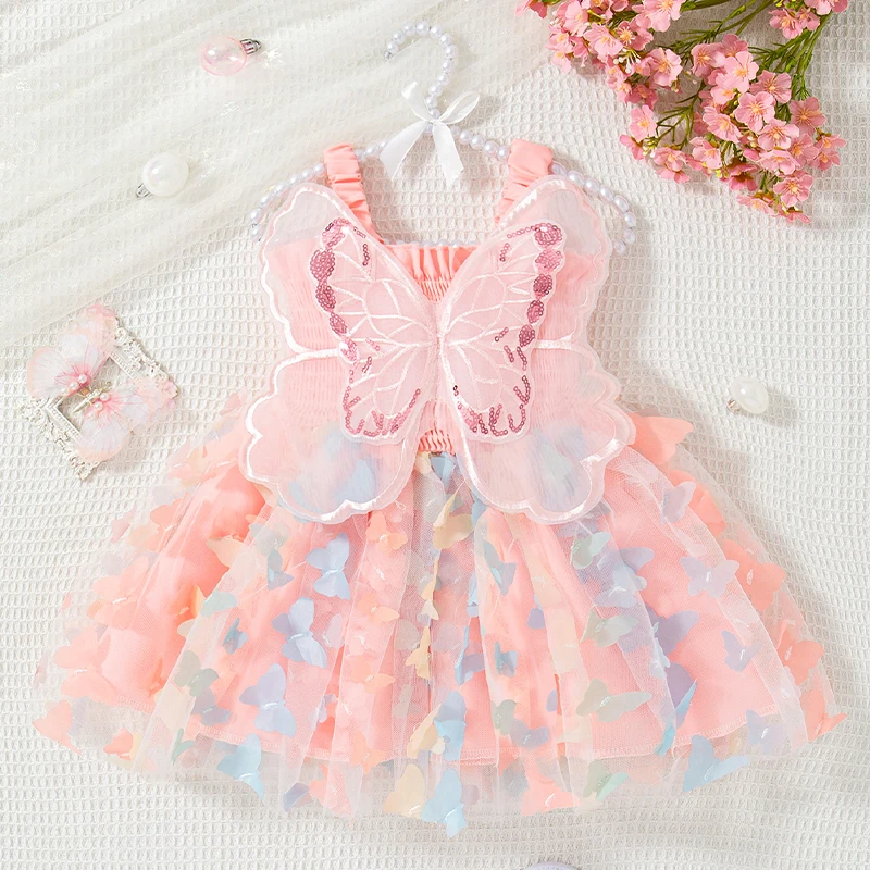 ชุดเด็กผู้หญิงฤดูร้อนปีกผีเสื้อ Halter Puffy เสื้อผ้าเด็กสาวน่ารักสบายๆชุดเด็กชุดเจ้าหญิง
