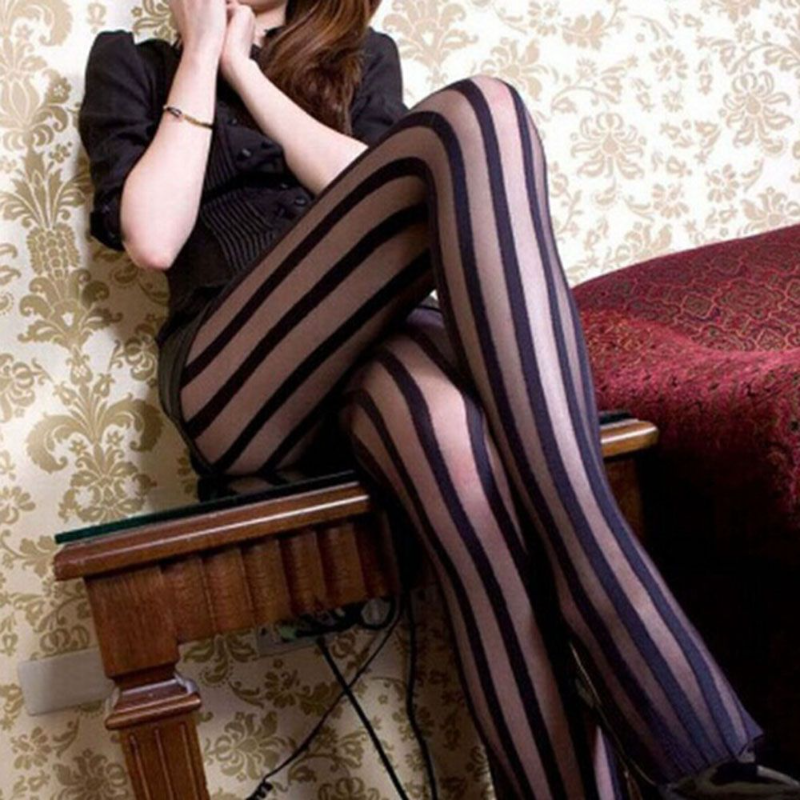 Medias elásticas con patrón de rayas verticales negras sexis Vintage para mujer, medias para mujer, ropa gótica, ropa interior Sexy