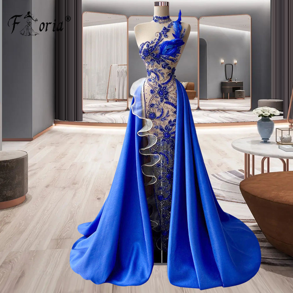 Dubai Royal Blue Sereia Vestidos de Noite de Luxo Contas Flor Pena Overskirt Mulher Elegante Festa de Casamento فساتchter annis 