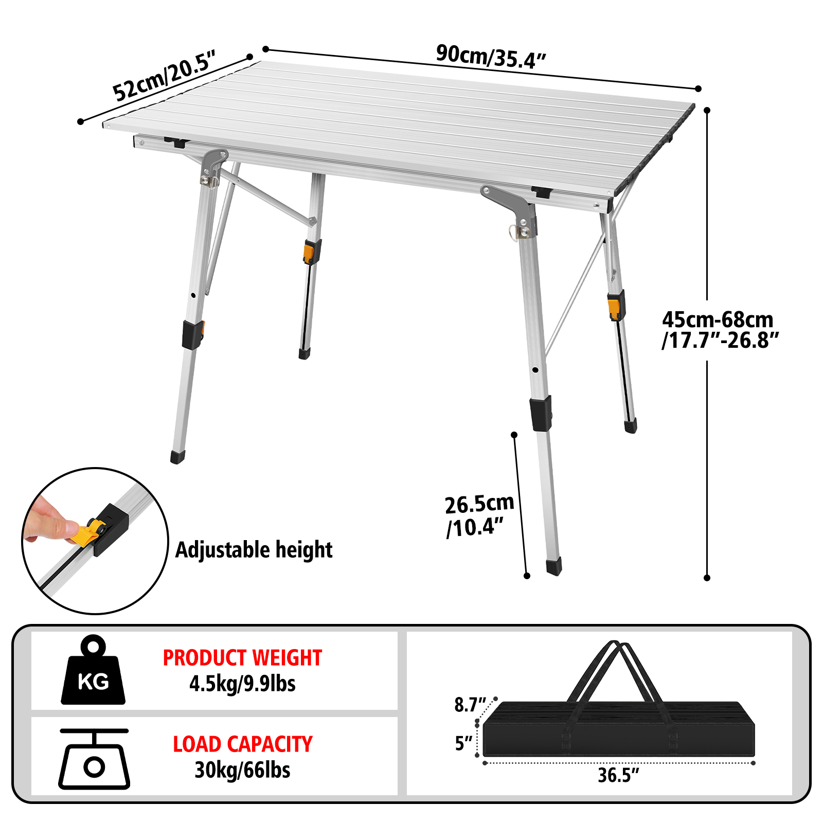 Tables de Camping Table de pique-nique enroulable avec pieds réglables en hauteur, Table pliable Table pliante extérieure en aluminium, 90x53x45/68 cm