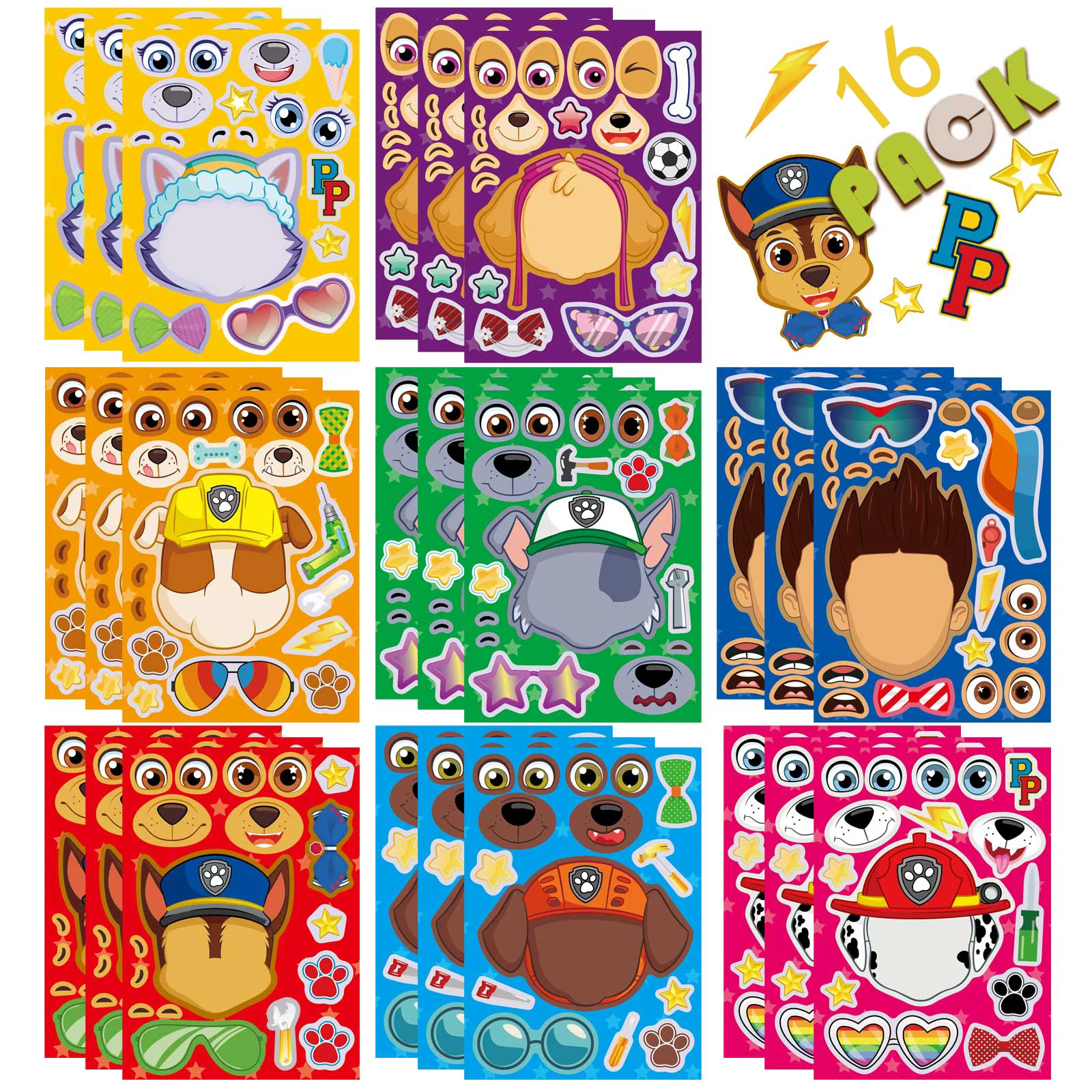 8/16 hojas de rompecabezas de la patrulla canina, pegatinas DIY de Anime, hacer una cara, montar, pegatina divertida, rompecabezas, juguete para niños, regalo para niños y niñas