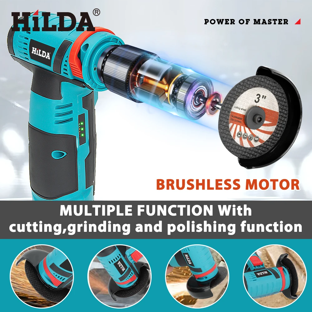 HILDA 12 V 3/4 Zoll Lithium-elektrischer Winkelschleifer, wiederaufladbarer Akku, bürstenlose/gebürstete Poliermaschine, Mini-Schneidemaschine